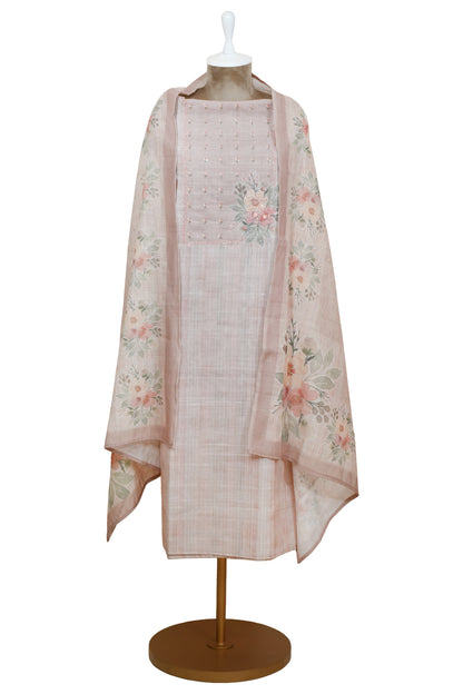 Onion Pink linen Unsticthed Handwork Suit With Digital Printed Dupatta
