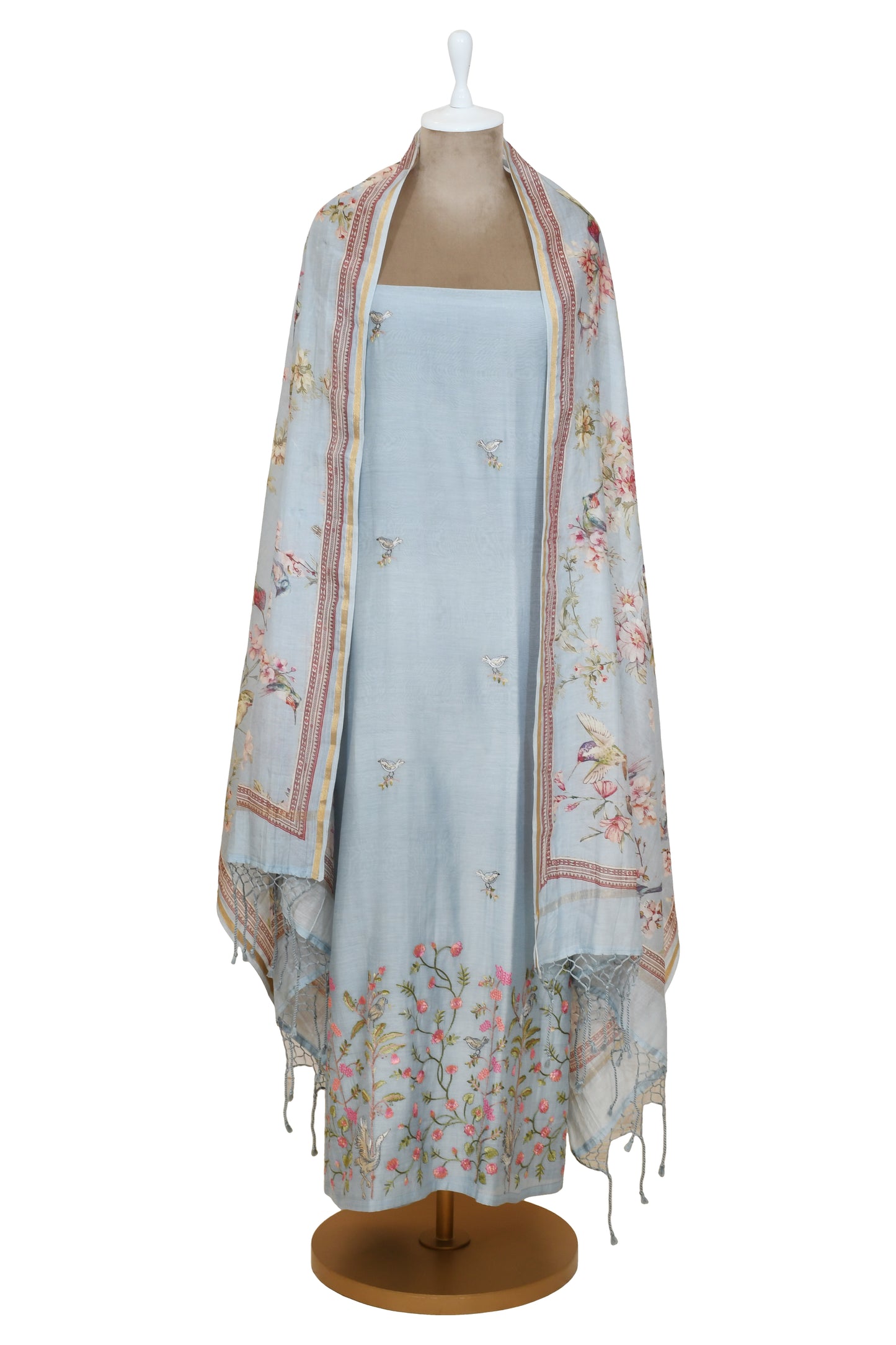 Blue Mul Chanderi Floral Embroidery Unsticthed Suit Digital Printed Dupatta