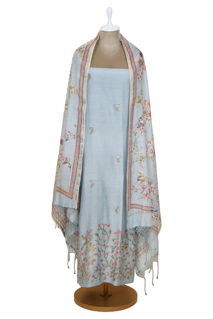 Blue Mul Chanderi Floral Embroidery Unsticthed Suit Digital Printed Dupatta
