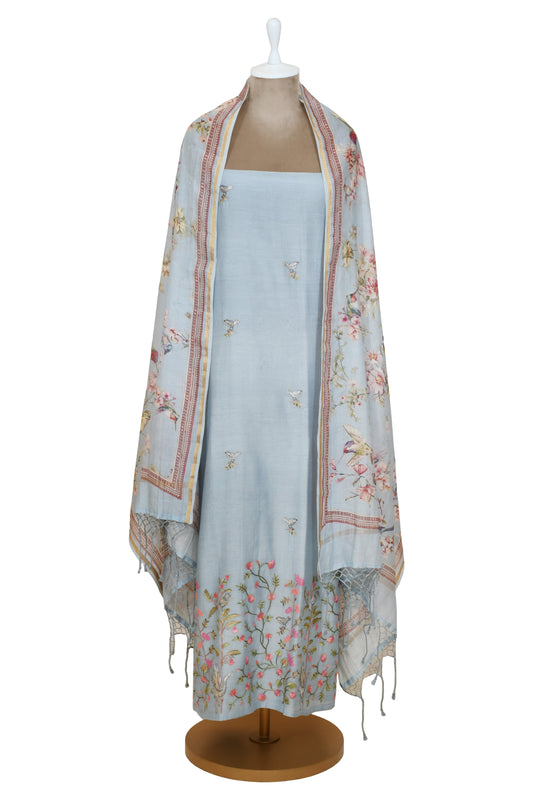 Blue Mul Chanderi Floral Embroidery Unsticthed Suit Digital Printed Dupatta