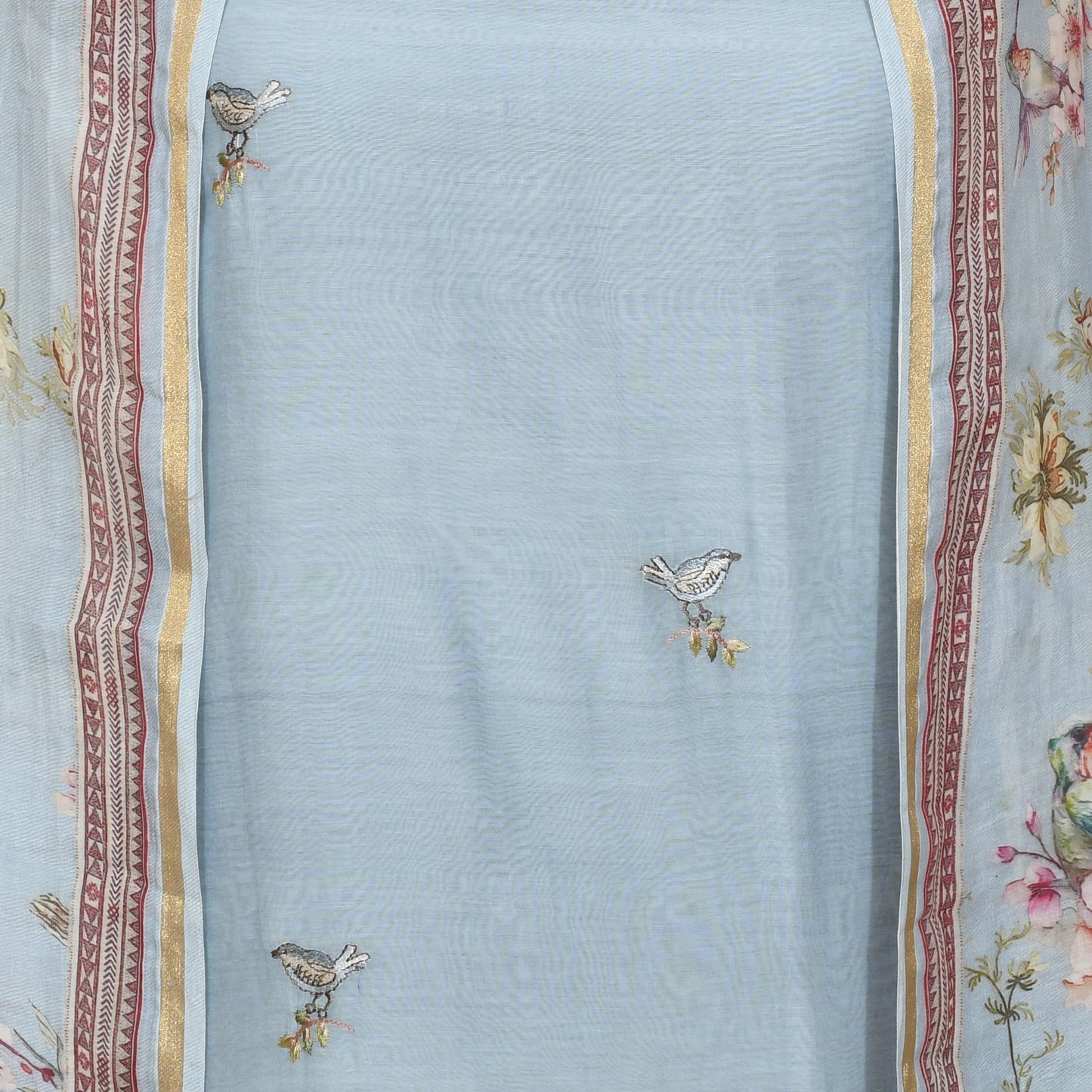 Blue Mul Chanderi Floral Embroidery Unsticthed Suit Digital Printed Dupatta