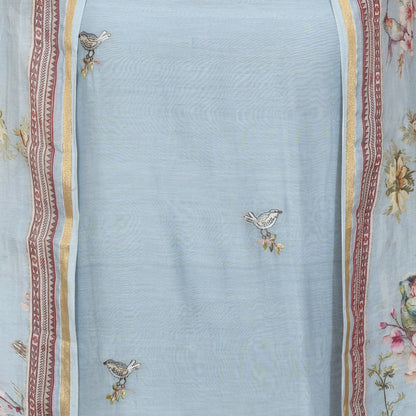 Blue Mul Chanderi Floral Embroidery Unsticthed Suit Digital Printed Dupatta