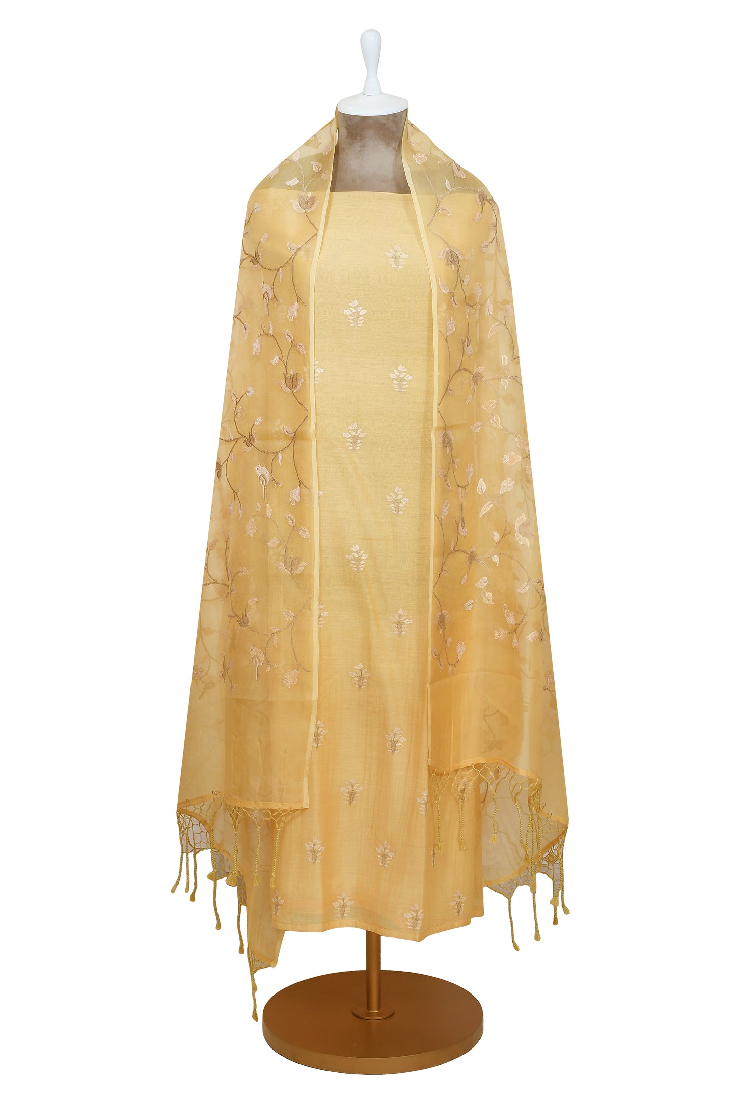 Yellow Mul Chanderi Embroidery Unsticthed Suit With Embroidery Dupatta