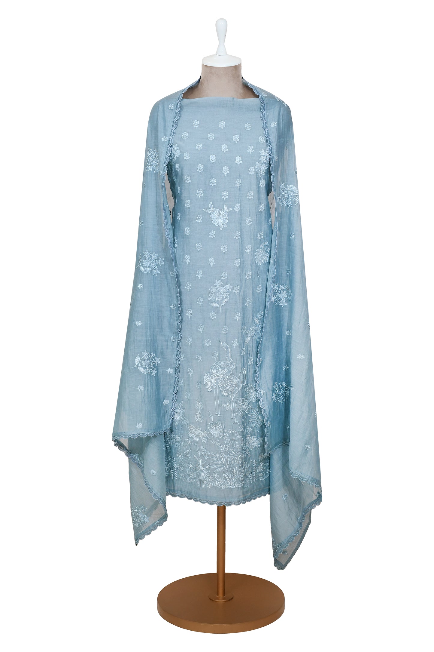 Blue Mul Chanderi Unstitcthed Suit With Embroidery Thread Dupatta