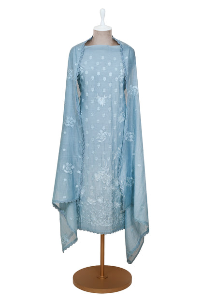 Blue Mul Chanderi Unstitcthed Suit With Embroidery Thread Dupatta