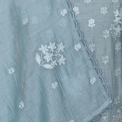 Blue Mul Chanderi Unstitcthed Suit With Embroidery Thread Dupatta