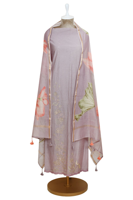 Light Lavender Embroidery Unsticthed Organza Suit With Embroidery Organza Dupatta