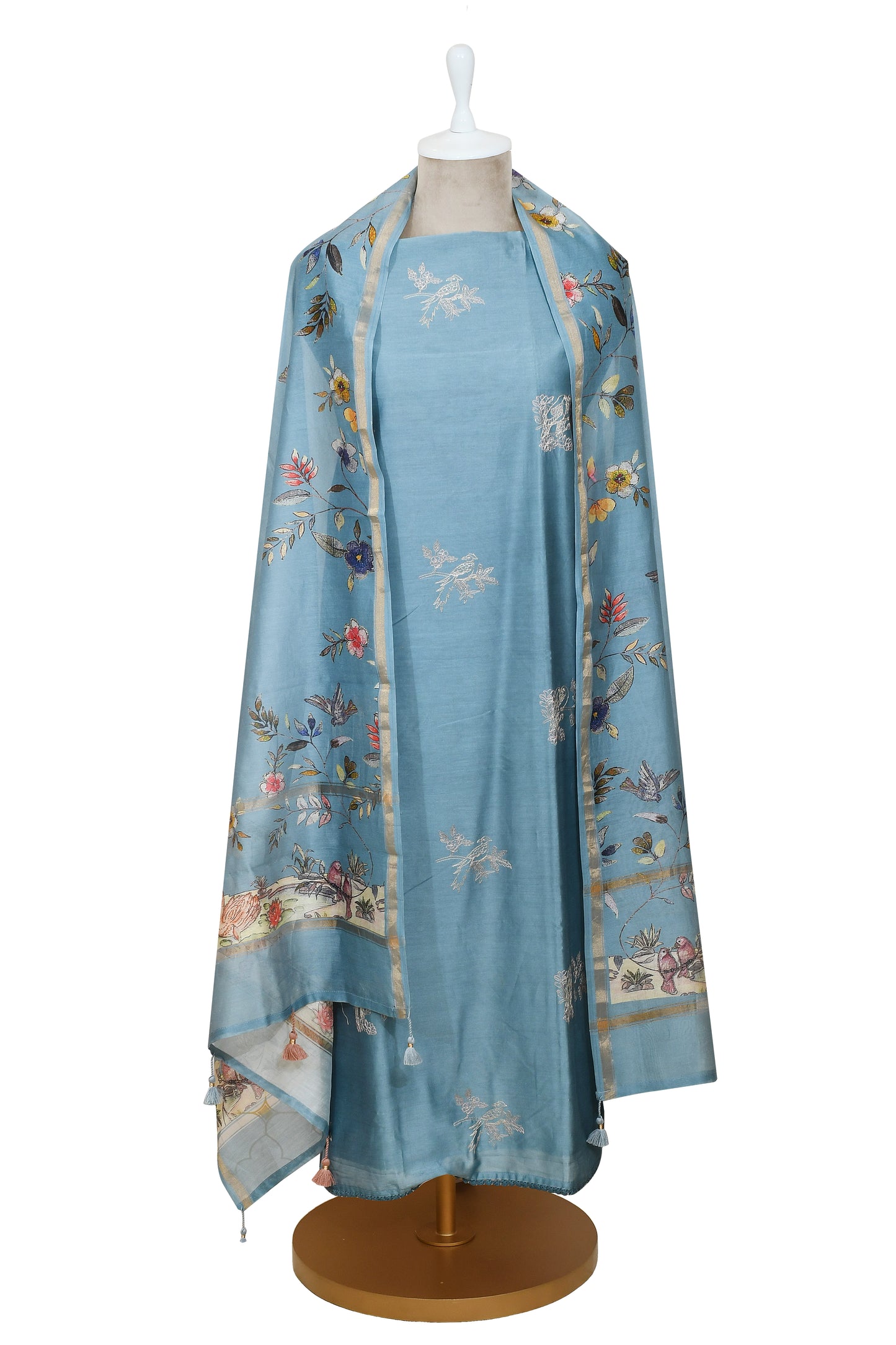 Blue Mul Chanderi Embroidery Unsticthed Suit With Organza Dupatta
