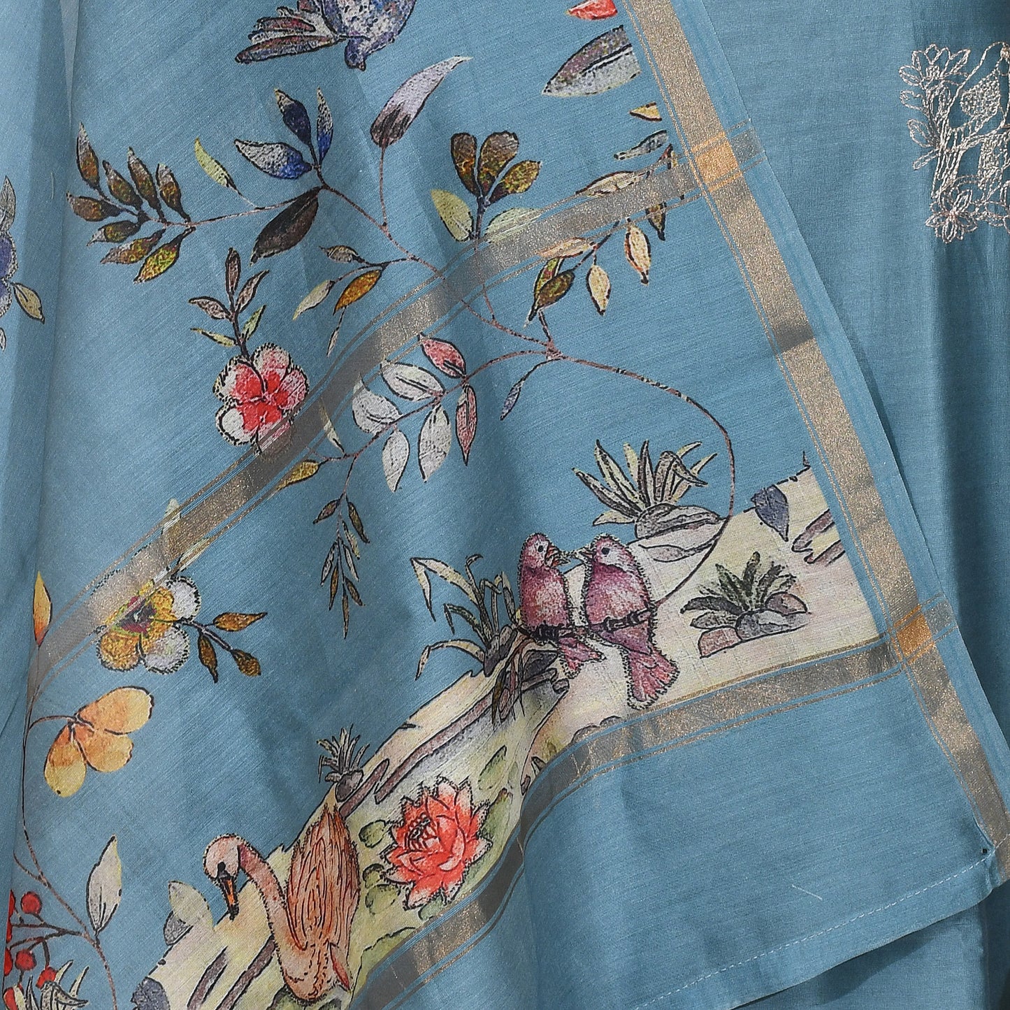 Blue Mul Chanderi Embroidery Unsticthed Suit With Organza Dupatta