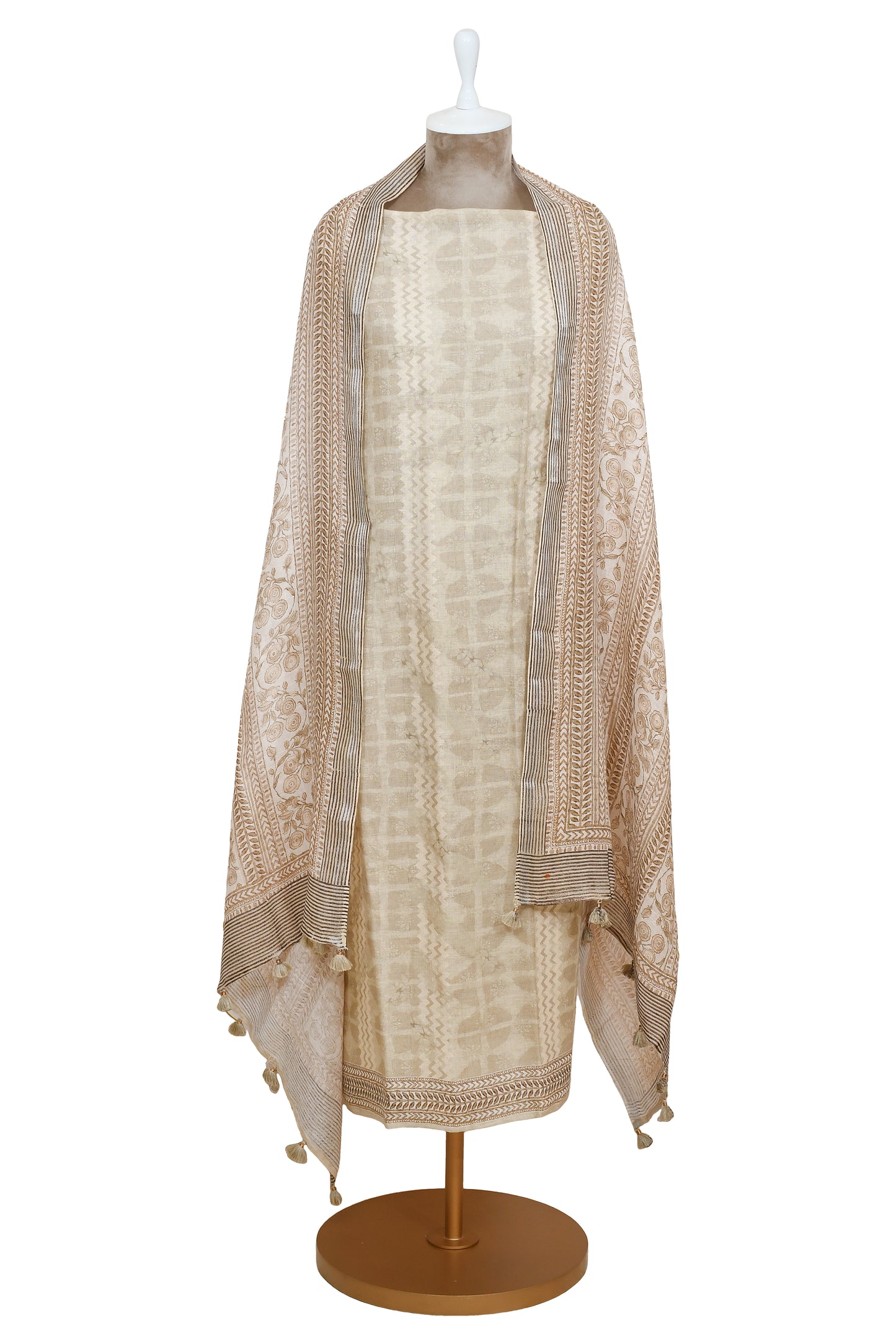 Peach 100%Pure Linen Embroidery Unsticthed With Printed Dupatta