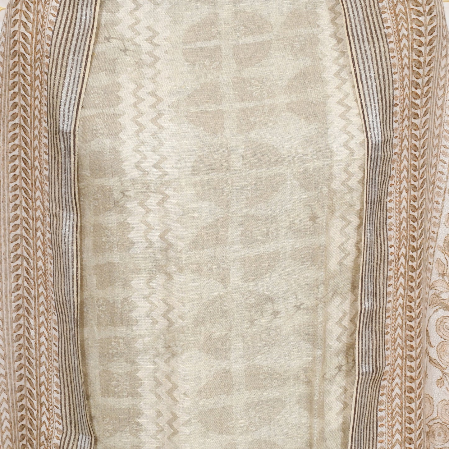 Peach 100%Pure Linen Embroidery Unsticthed With Printed Dupatta