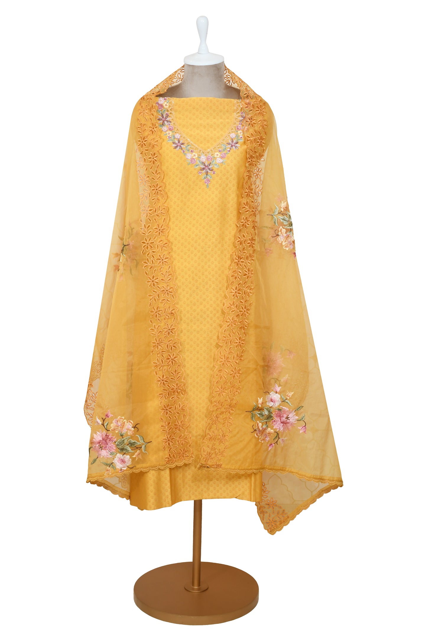 Yellow Chanderi Unstitched Embroidery Suit With Embroidery Organza Dupatta
