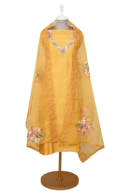 Yellow Chanderi Unstitched Embroidery Suit With Embroidery Organza Dupatta