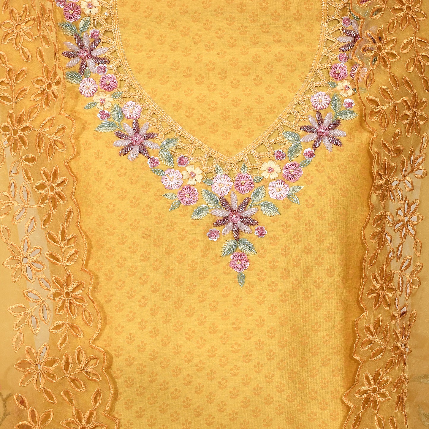 Yellow Chanderi Unstitched Embroidery Suit With Embroidery Organza Dupatta