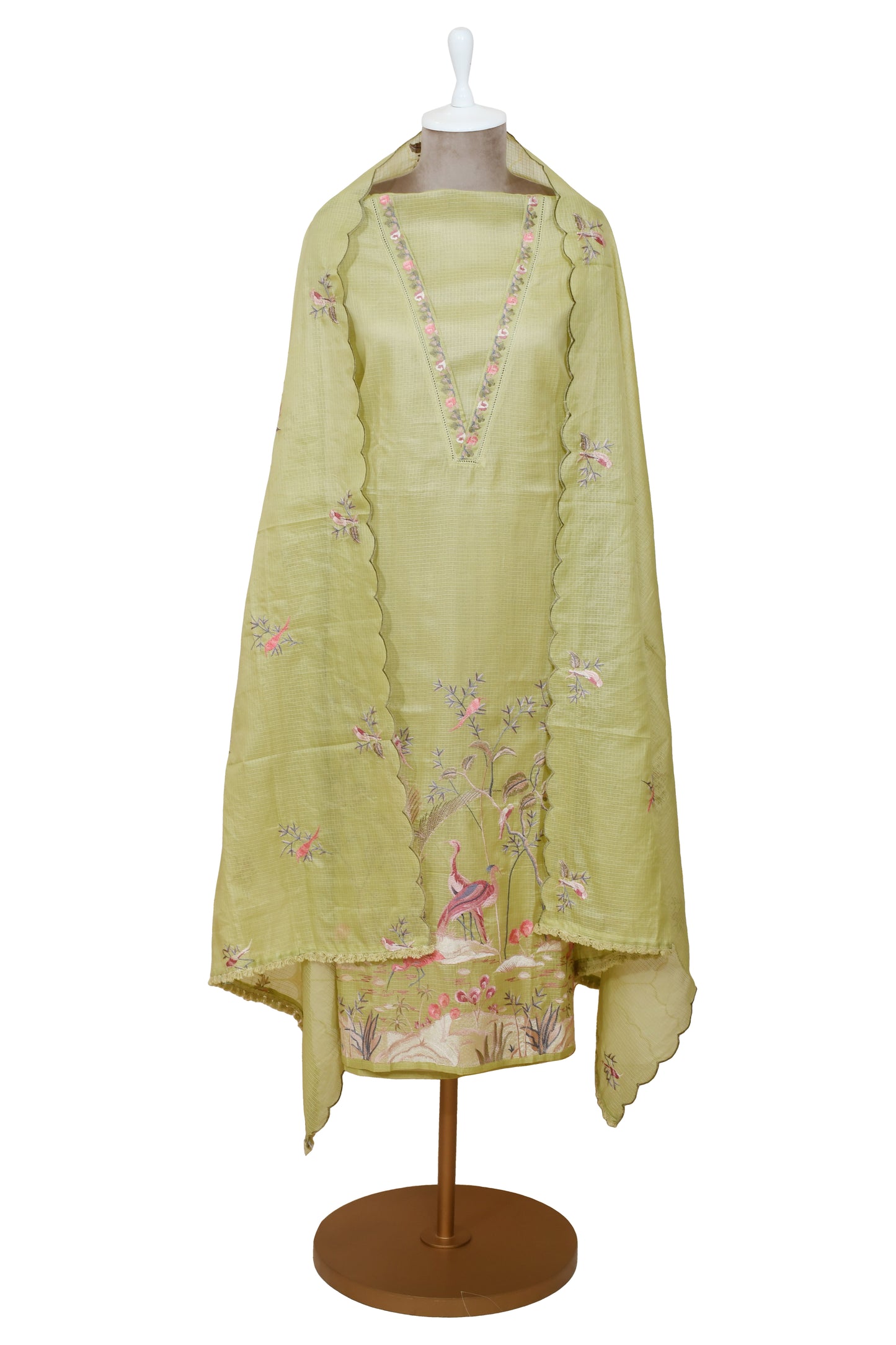 Mehandi Green Color With Embroidery Unstitched Kota Doria Suit