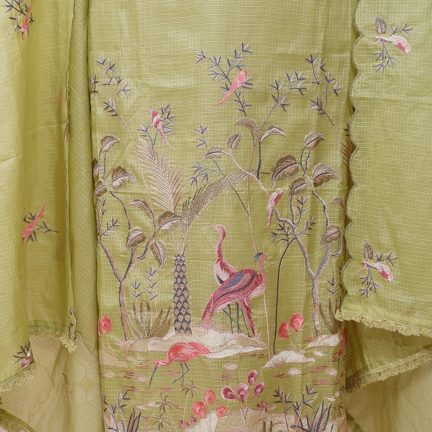 Mehandi Green Color With Embroidery Unstitched Kota Doria Suit