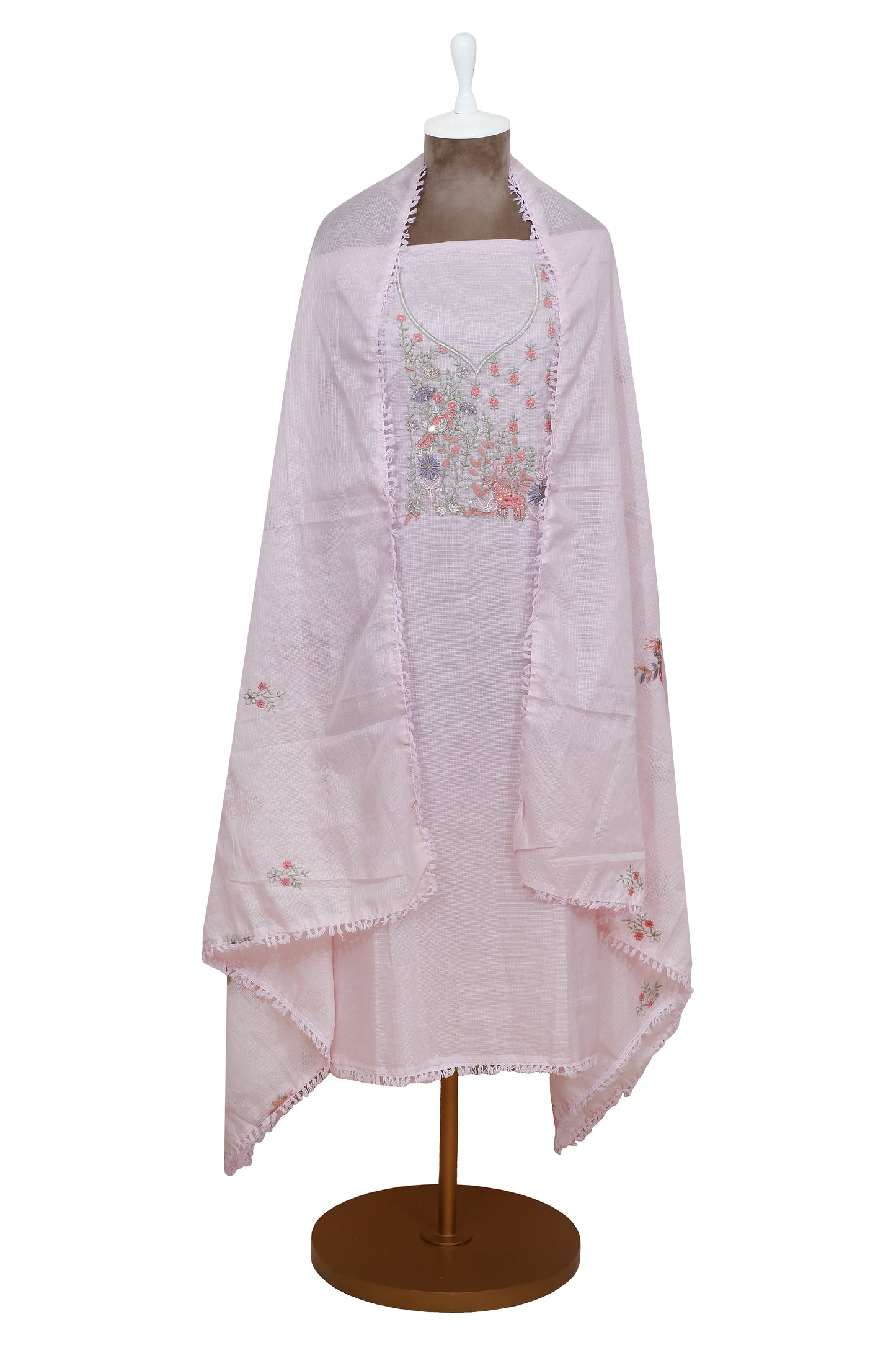 Baby Pink With Embroidery Work Unstitched Kota Chikankari Suit