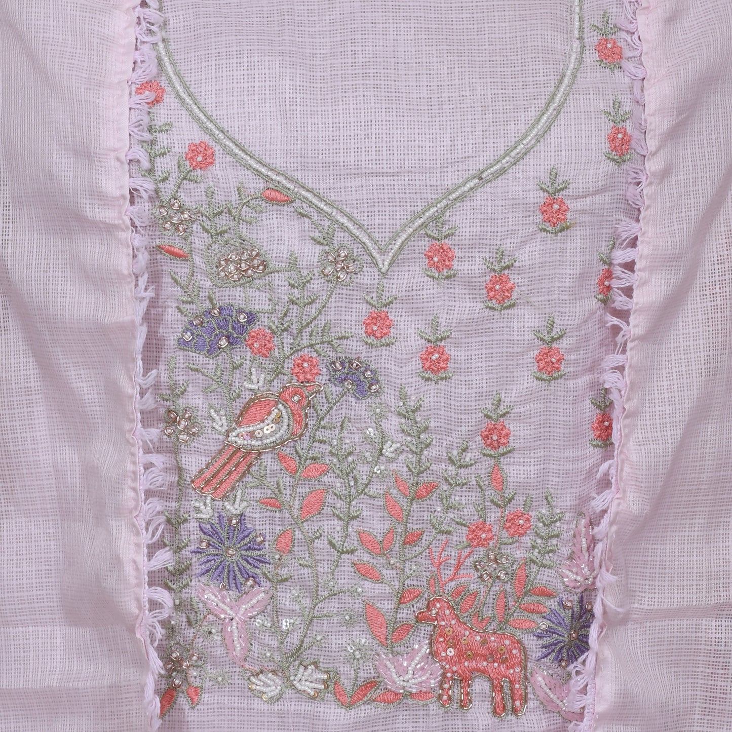 Baby Pink With Embroidery Work Unstitched Kota Chikankari Suit