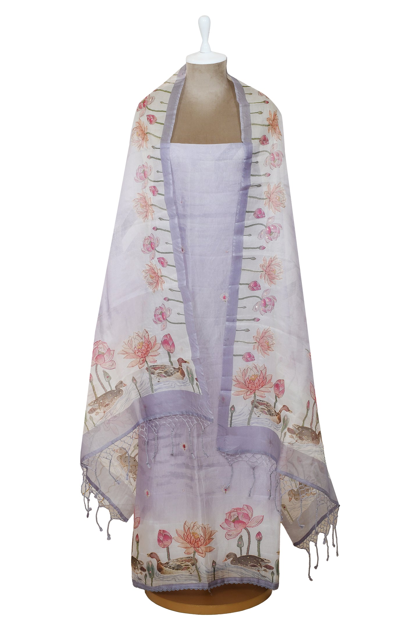 Purple Color Hand Embroidery Unstitched Organza Suit