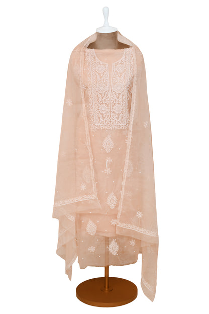 Peach Organza Unstitched Embroidery Suit With Dupatta