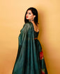 dark teal satin saree with floral print and mirror blouse