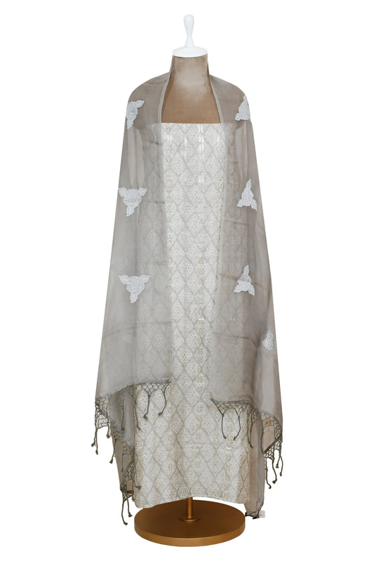 elegant grey silk linen suit with embroidered dupatta