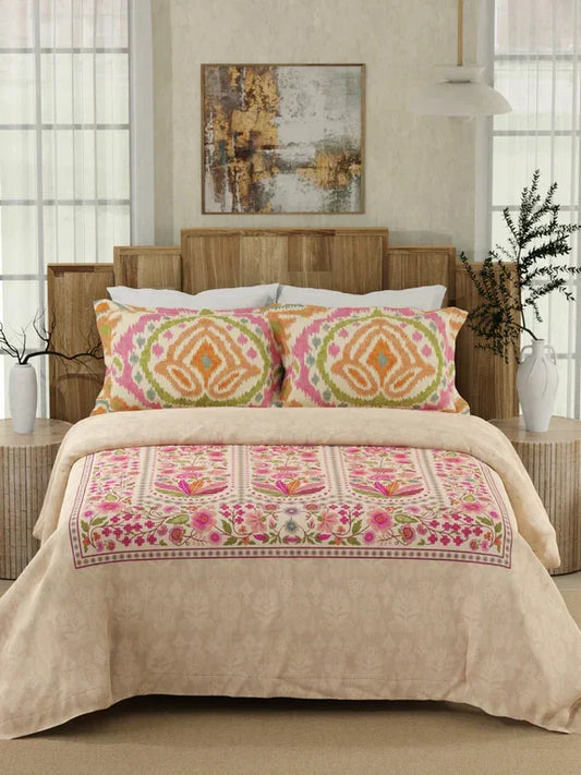 floral beige bedsheet set with pillow covers