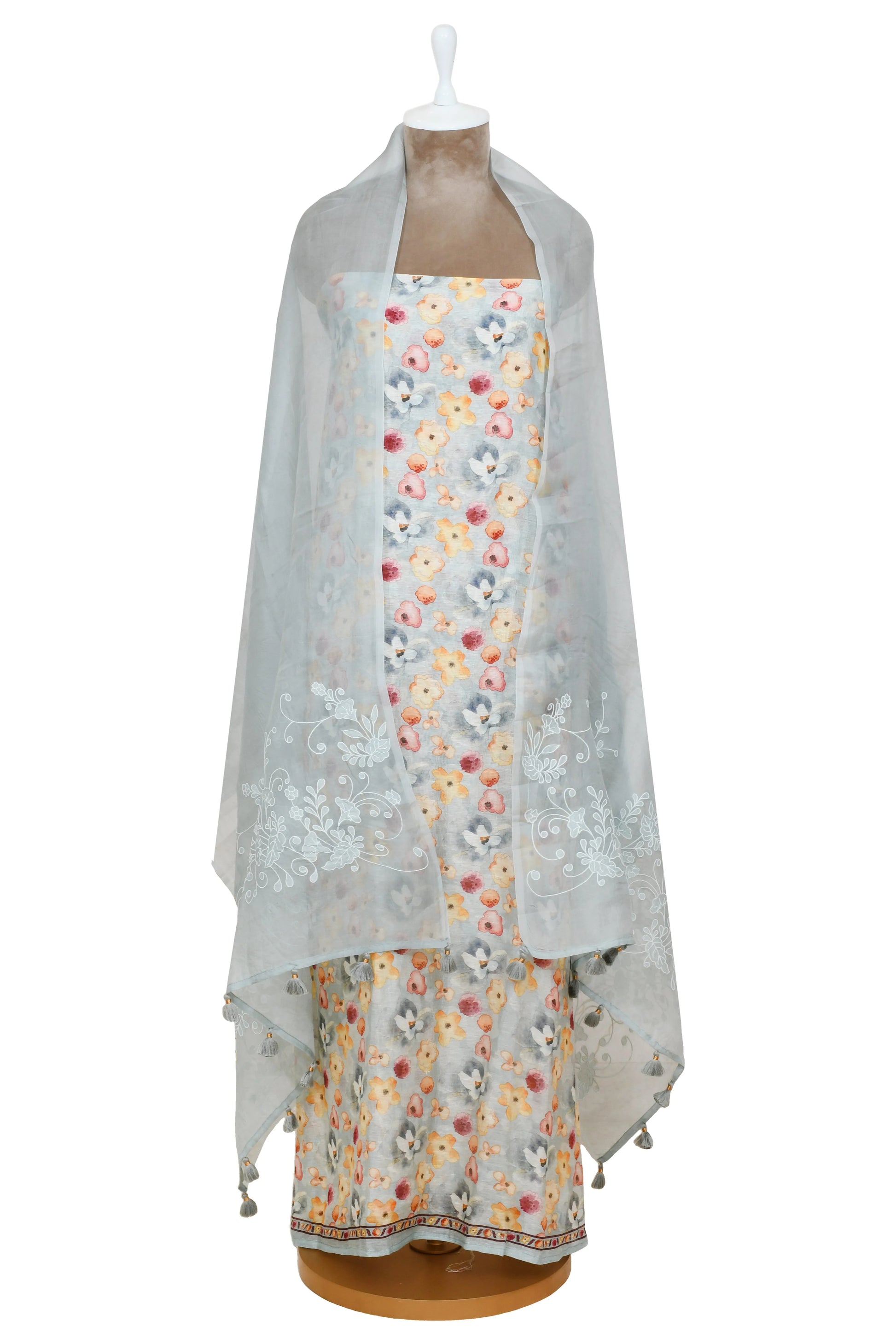 floral print silk linen suit with embroidered dupatta