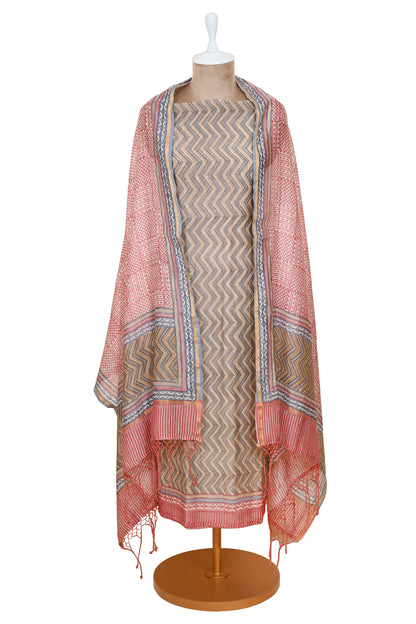 Gray Khadi Cotton Unstitched Suit Chevron Print With Dupatta