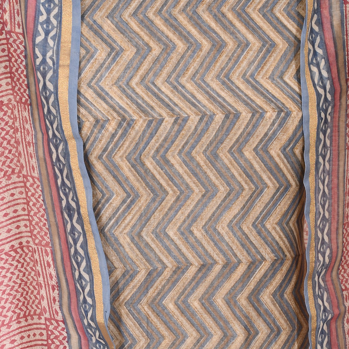 Gray Khadi Cotton Unstitched Suit Chevron Print With Dupatta
