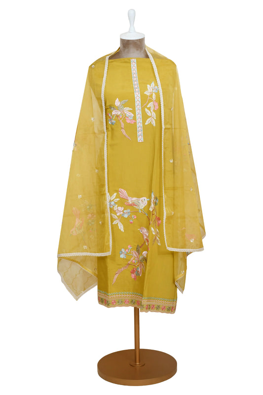Golden Unstitched Chanderi Suit with Dupatta