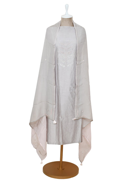 grey unstitched chanderi suit with dupatta