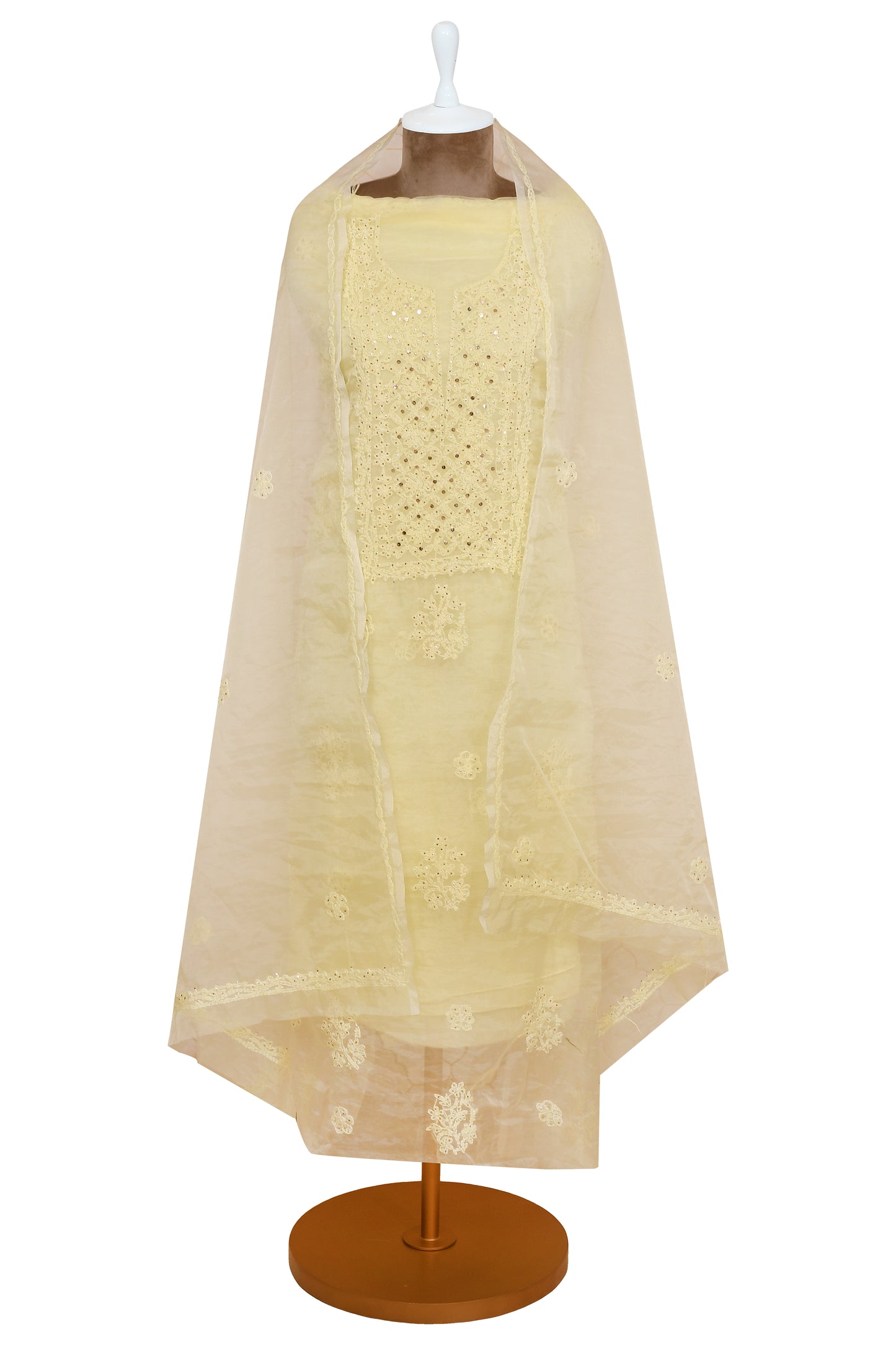 Lemon Yellow Organza Unstitched Suit With Dupatta