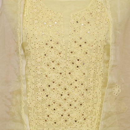 Lemon Yellow Organza Unstitched Suit With Dupatta