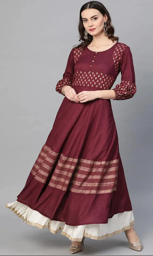 maroon printed cotton anarkali suit