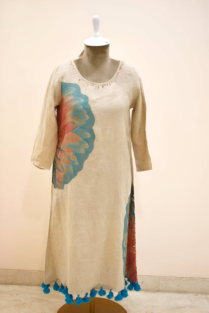 Beige Floral Pattern Embroidery Pure Linen Dress