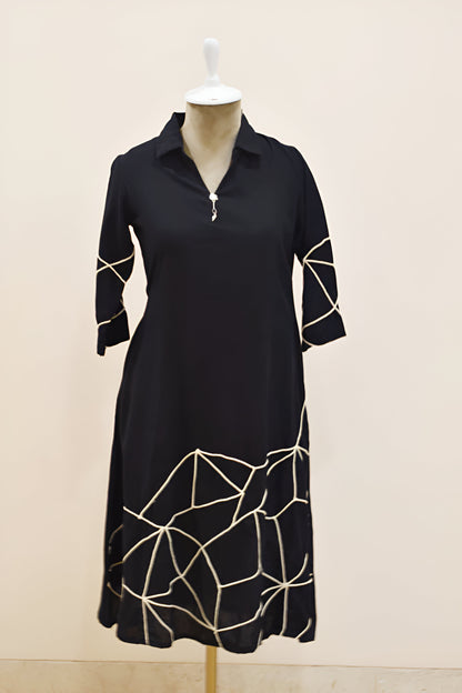 Black Floral Pattern Embroidery Viscose Dress