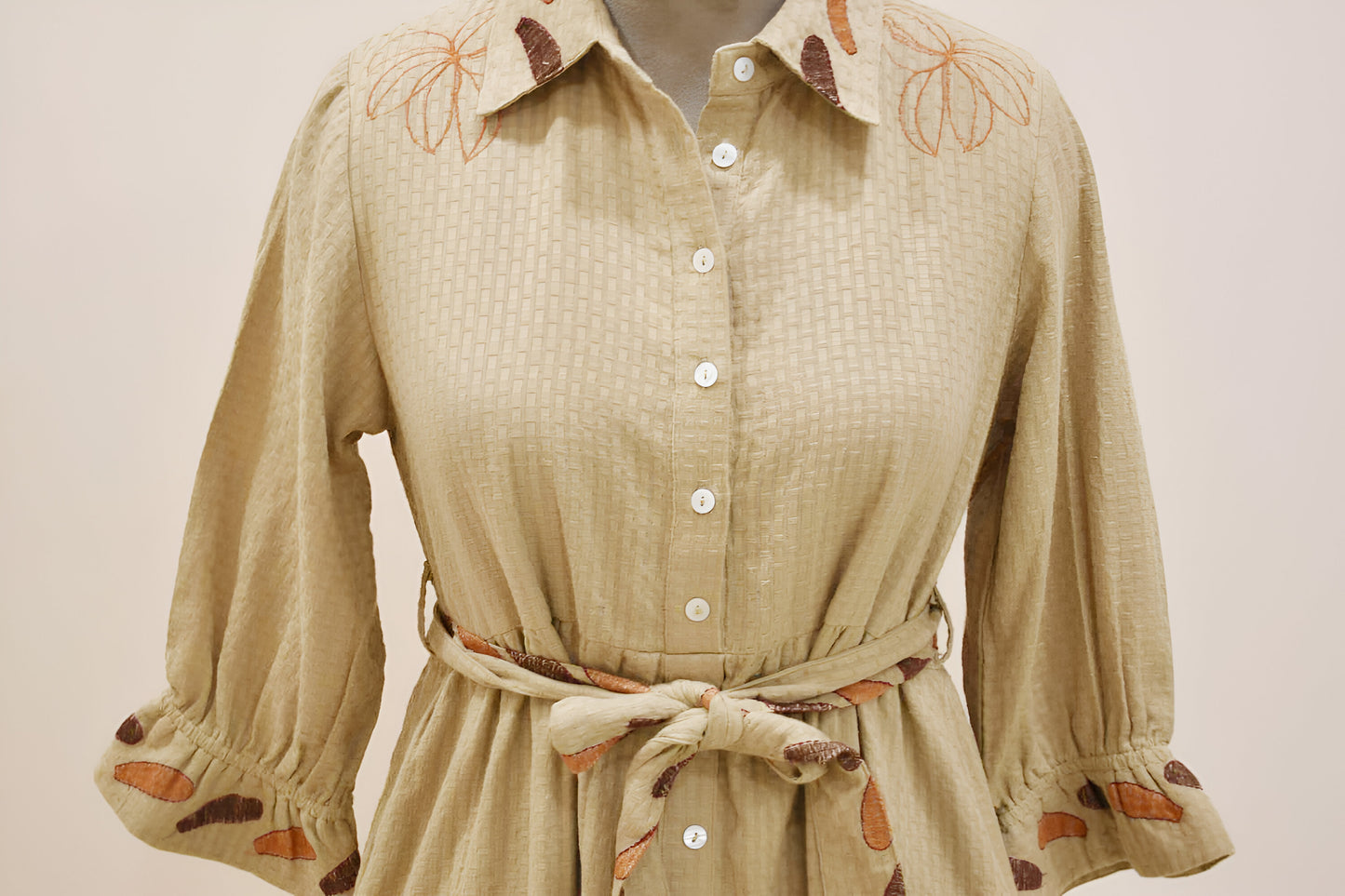 Mud Brown Floral Pattern Embroidery Cotton Dress