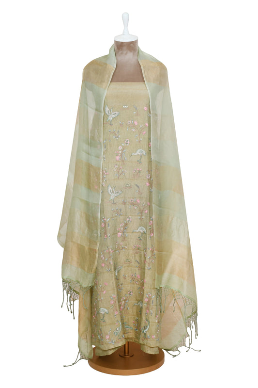 olive green pure tissue suit with floral embroidery