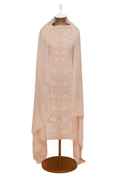Peach Organza Unstitched Suit With Dupatta