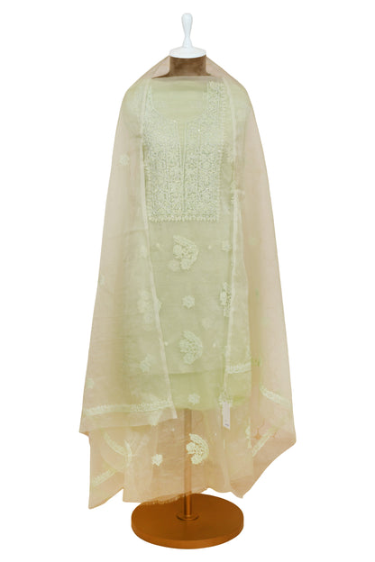 Green & Pink Organza Unstitched Suit With Dupatta