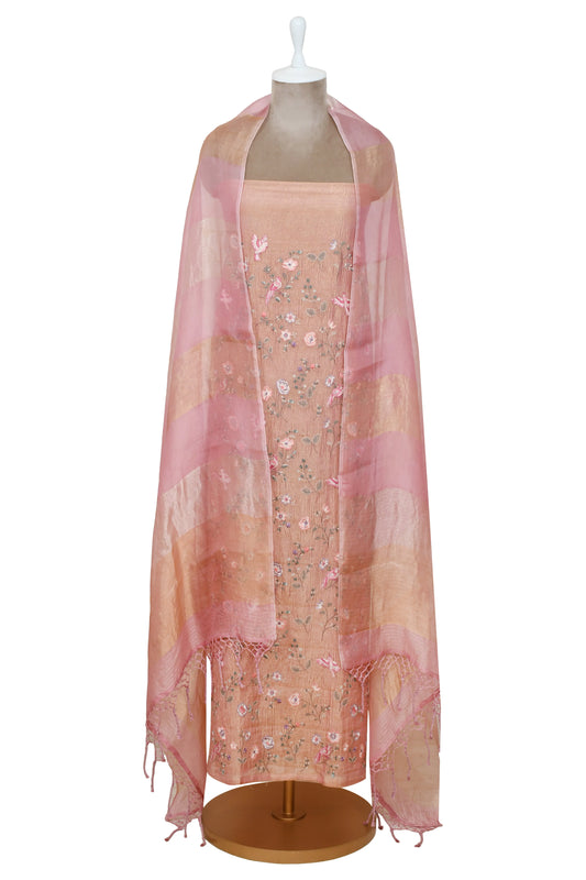 peach pink pure tissue suit with floral embroidery