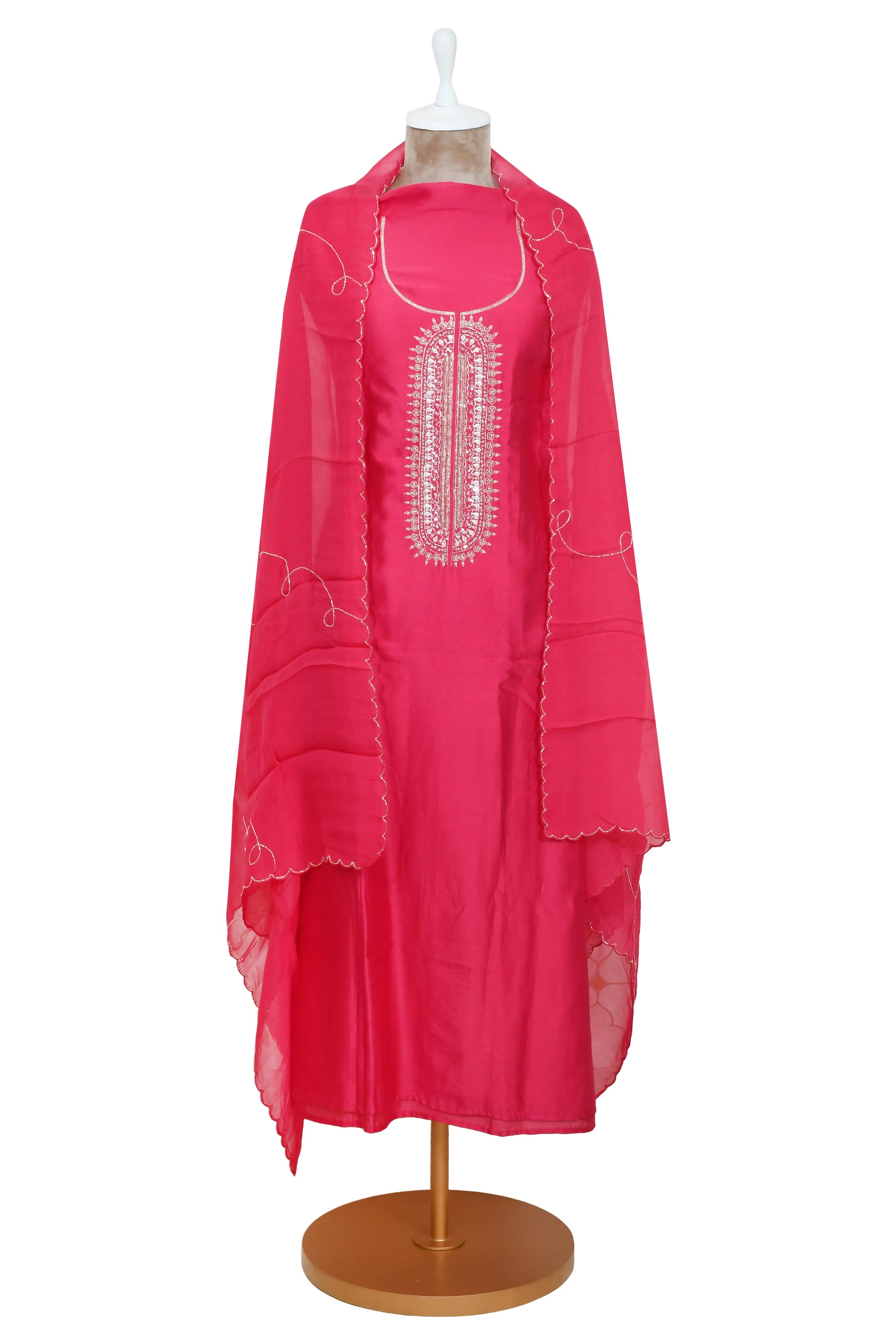 Pink Unstitched Chanderi Silk Suit with Embroidered Dupatta