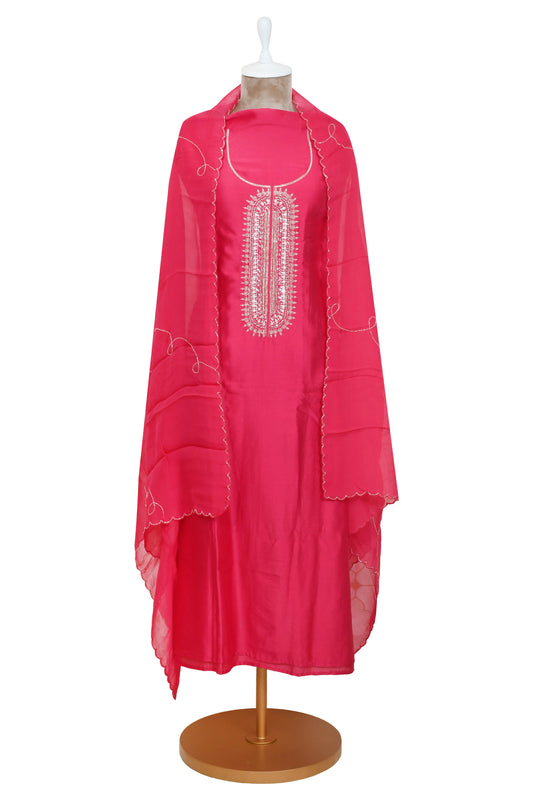 Pink Unstitched Chanderi Silk Suit with Embroidered Dupatta