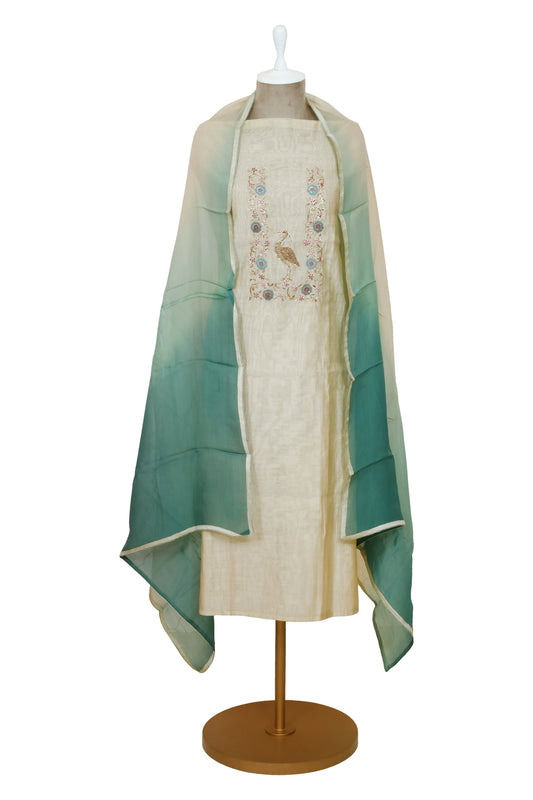 unstitched chanderi suit with pecock embroidery & green dupatta