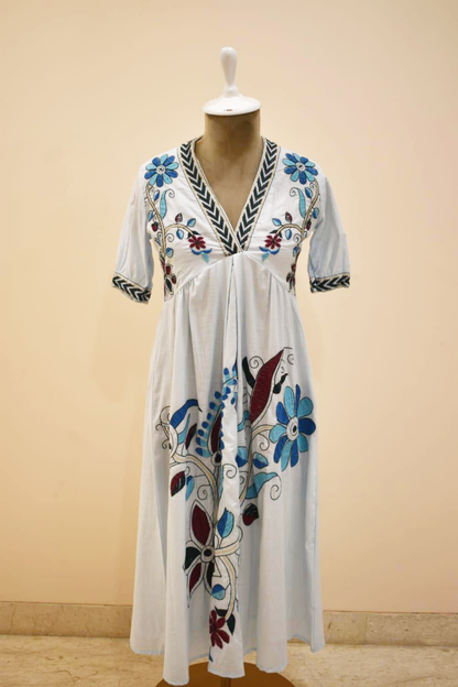 Light Blue Floral Pattern Embroidery Cotton Dress