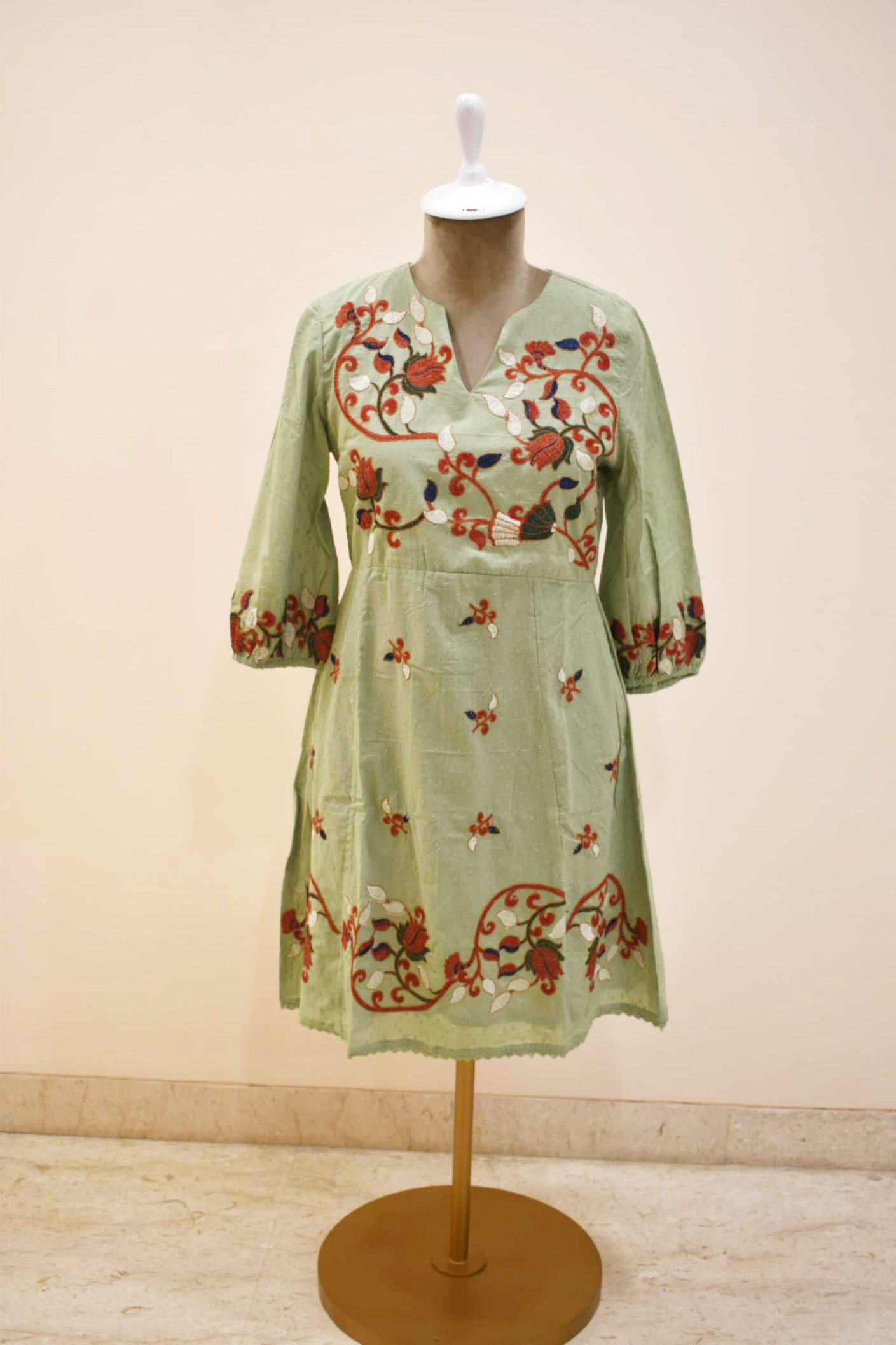 Pista Green Floral Pattern Embroidery Cotton Dress