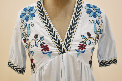 Light Blue Floral Pattern Embroidery Cotton Dress