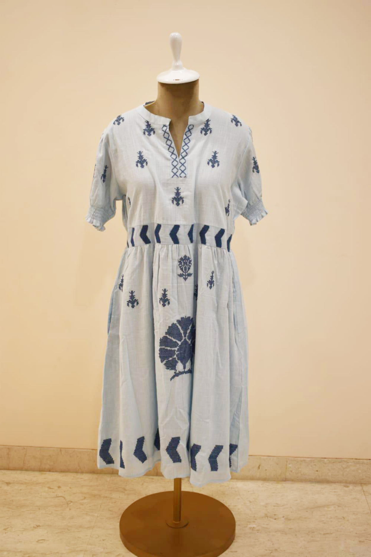 Baby Blue Floral Embroidery Cotton Dress