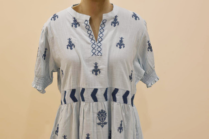 Baby Blue Floral Embroidery Cotton Dress